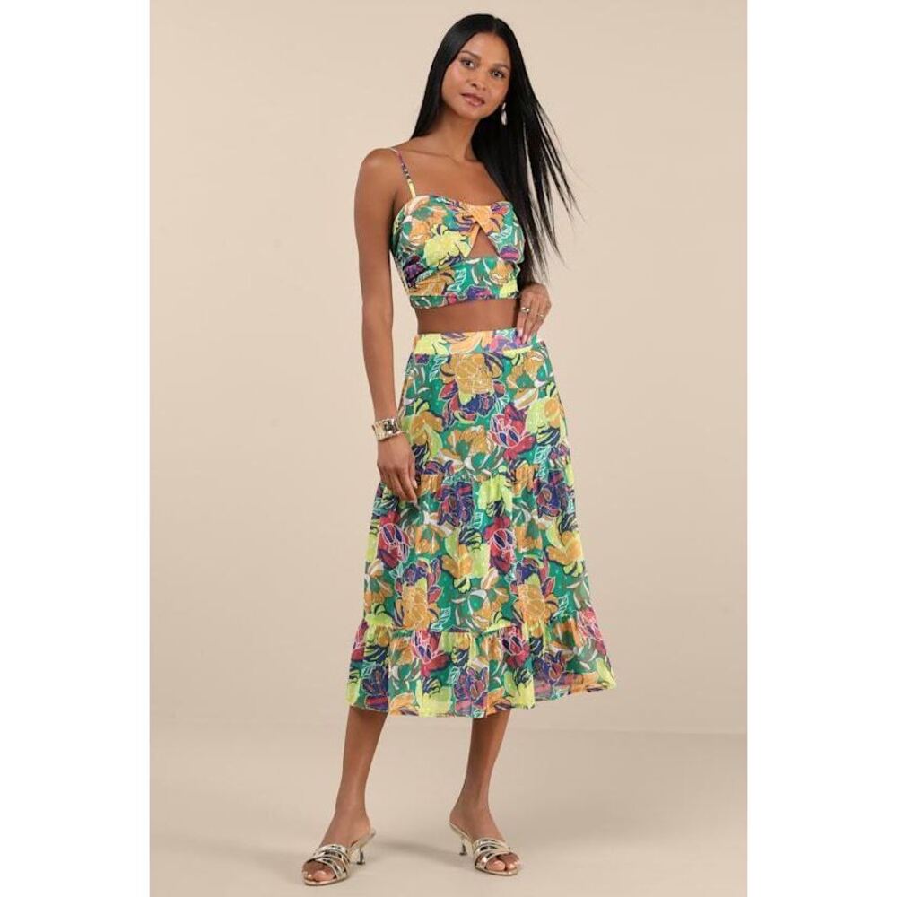 Lulus Floating Through Flowers Teal Floral Two-piece Midi Dress Green - Size XL